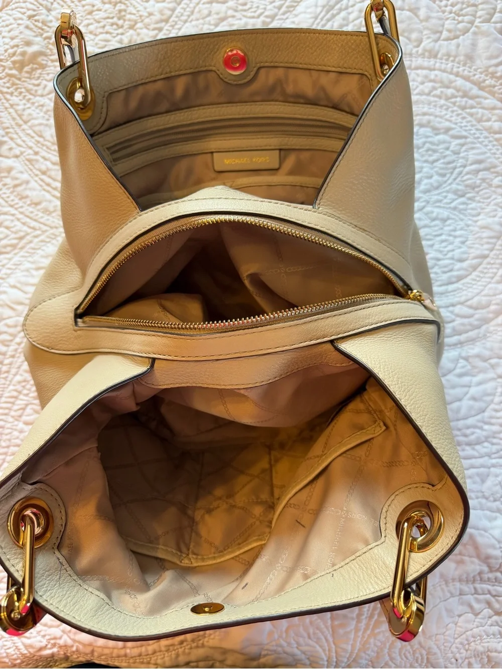 Michael Kors Cream Pebbled Leather Shoulder Bag with Gold Hardware